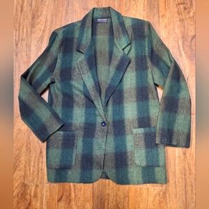 TRACY EVANS Flannel Plaid Blazer- Shades of Green & Black- Made in USA- Medium